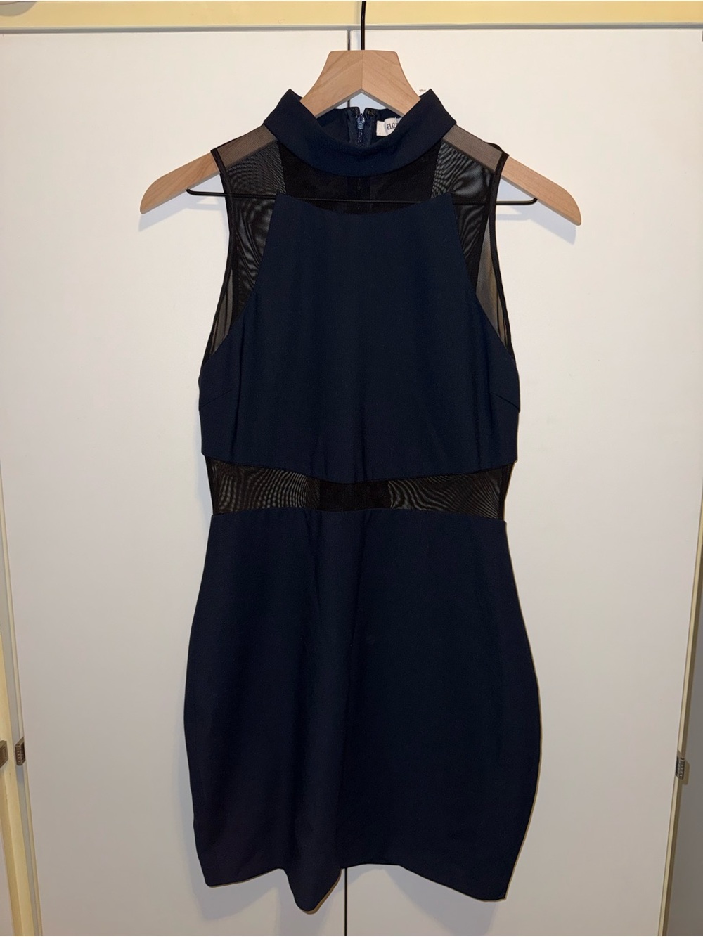 Elizabeth and James Navy Mini Dress with Sheer Black Mesh Insets‎ Cocktail Dress